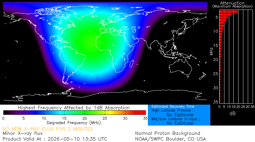 map showing radio blackouts over the Atlantic Ocean at the time of the solar flare eruption.