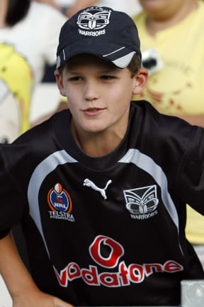 Nathan Cleary son of Warriors' Head Coach Ivan Cleary cheers on the team. NRL pre season trail match, Vodafone Warriors v Sydney Roosters at Rotorua International Stadium, Rotorua, New Zealand. Saturday 13th February 2010. Photo: PHOTOSPORT