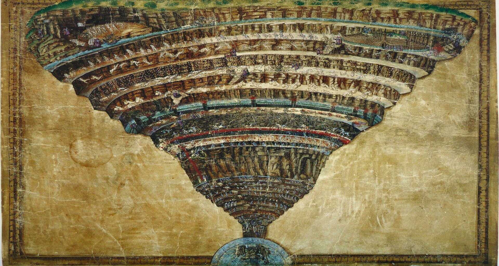 A painting showing an upside down mountain over Earth.