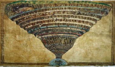 A painting showing an upside down mountain over Earth.