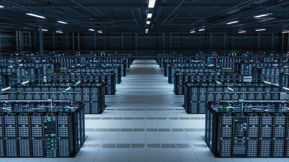 Computer servers inside of a large data center.