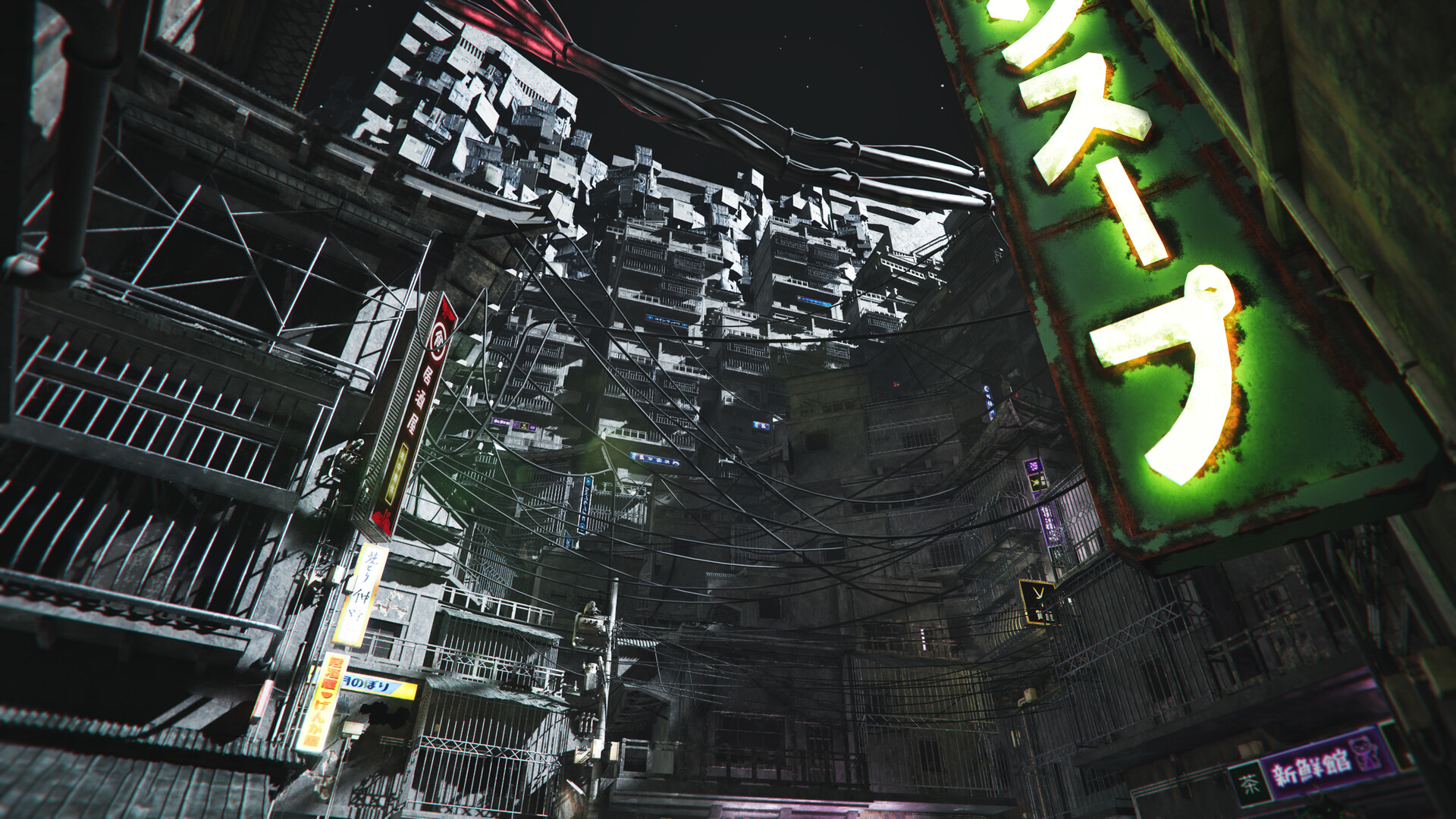 Screenshot from the sci-fi game SOL Shogunate showing a futuristic urban alley at night, filled with tangled cables, tall crowded buildings, and neon signs.