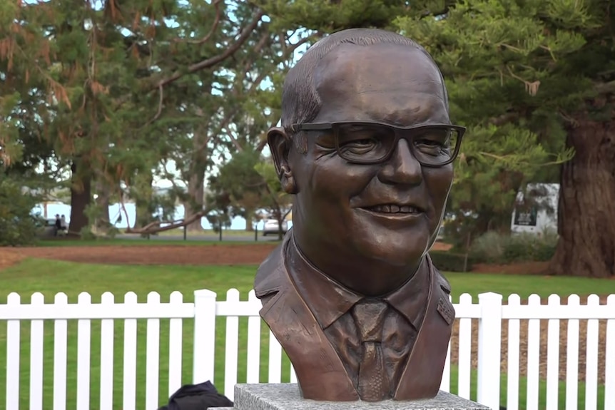 A bronze bust of Scott Morrison