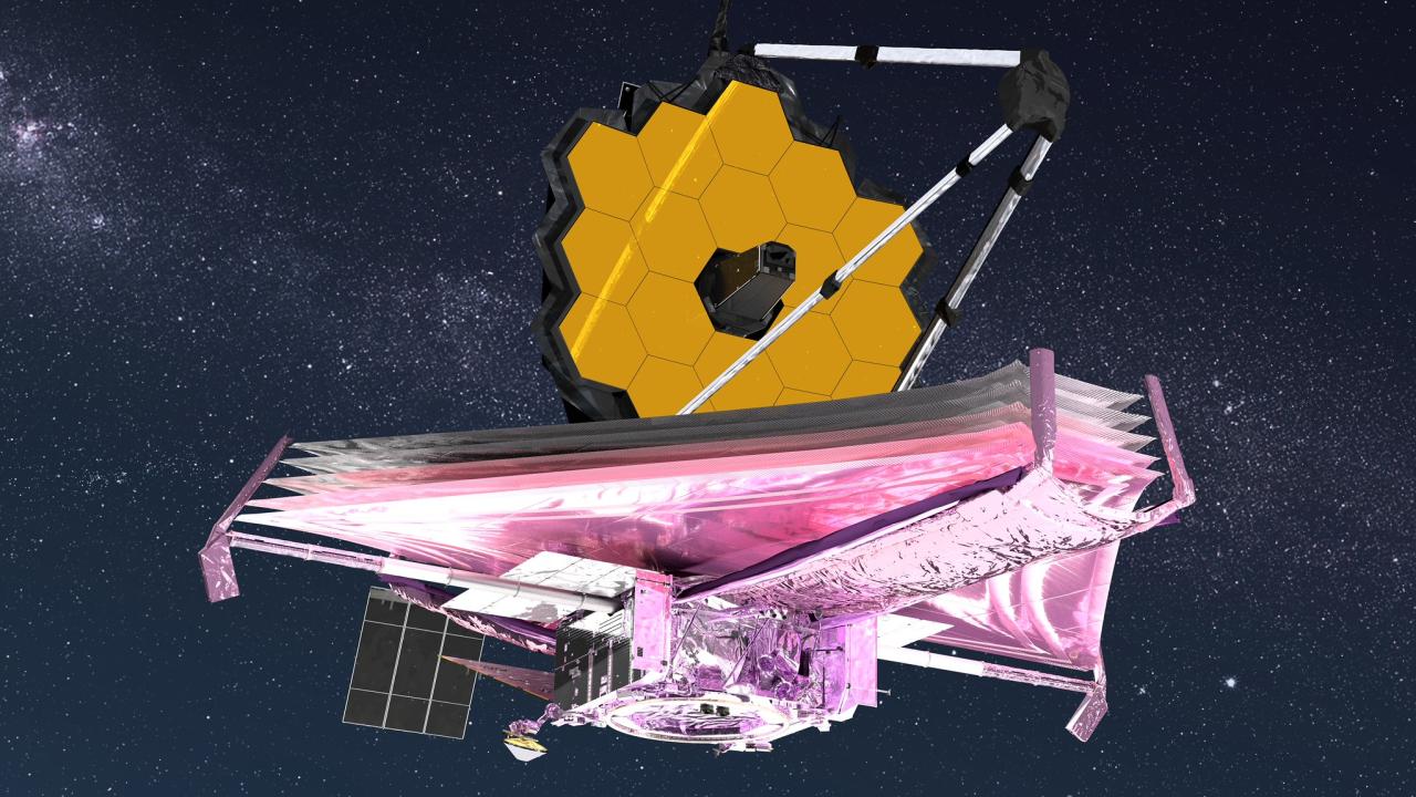 Illustration of James Webb Space Telescope with gold hexagonal mirror and pink sunshield