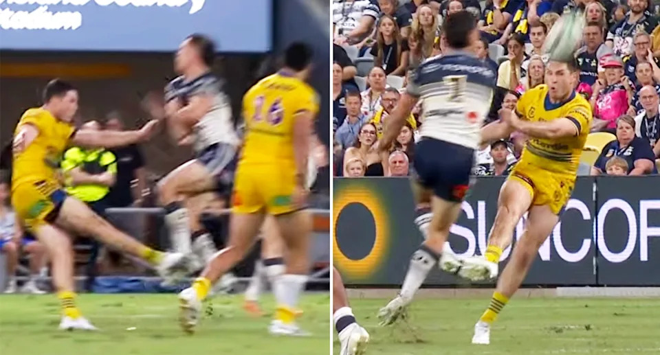 Scott Drinkwater, pictured here running through Mitch Moses' leg.