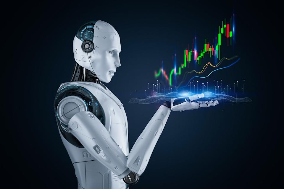 AI robot watching Nvidia's stock rise.
