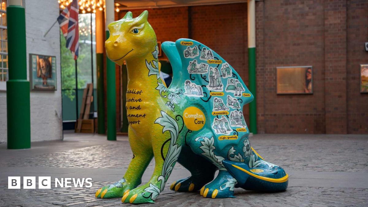 A large dragon sculpture that is green, yellow and blue, with yellow claws. It has drawn stickers of people on it, with a yellow circular logo that reads "Compton Care"