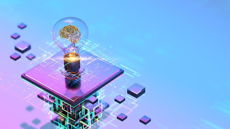 A light bulb rests on top of a purple AI chip. 