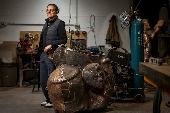 Bharti Kher with the foundation parts of Tree of Life.