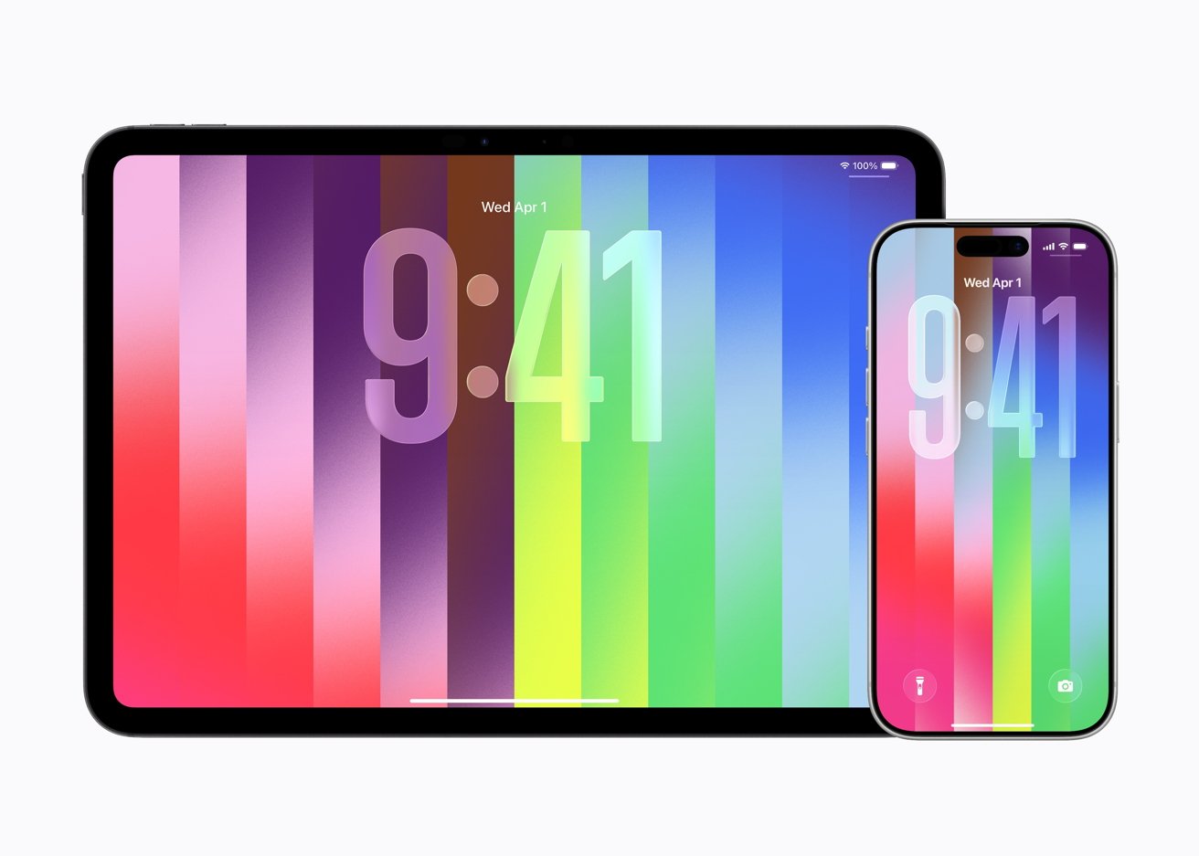 Large iPad and iPhone displaying matching lock screens with bold 9:41 time over vertical rainbow stripes on a bright gradient background, shown against a plain white backdrop