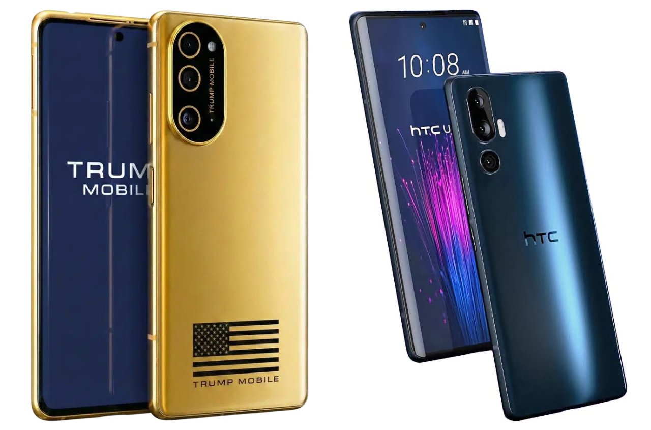 Two smartphones branded Trump Mobile in gold with American flag design beside two dark blue HTC smartphones showing colorful lock screens and rear camera modules