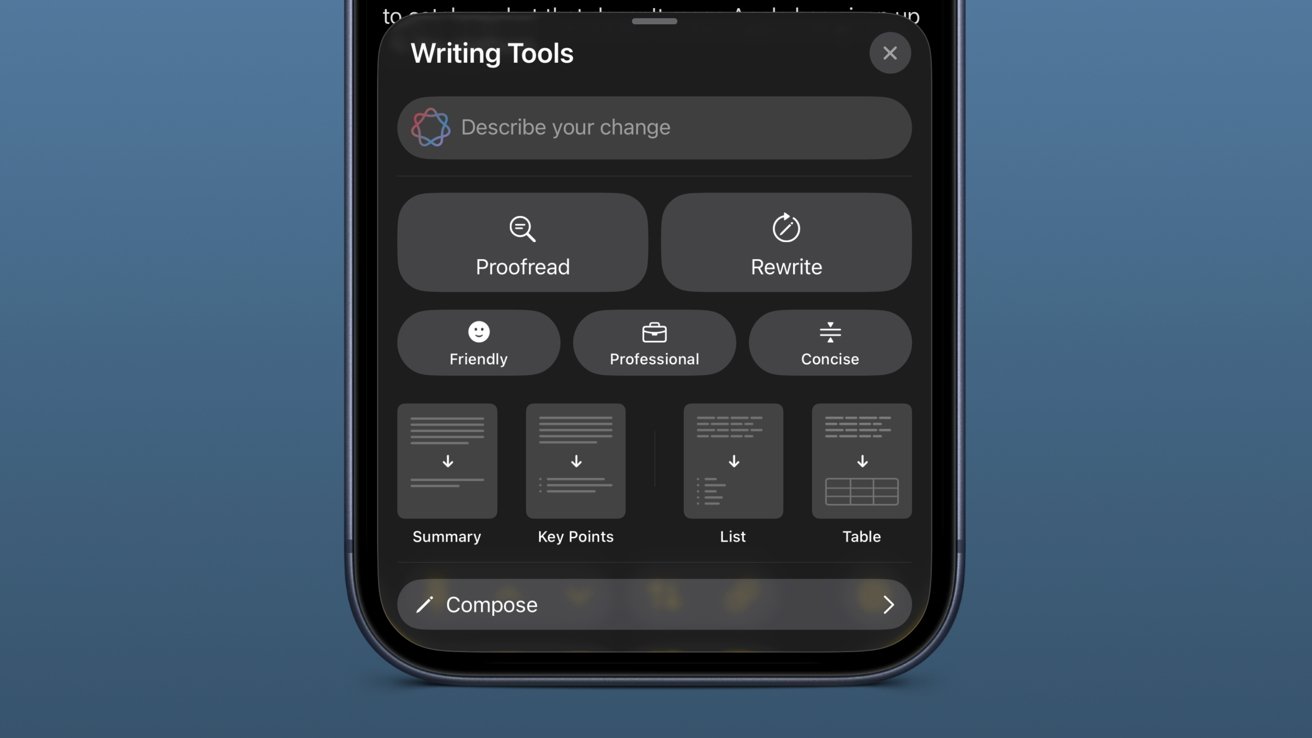 iPhone screen showing Writing Tools panel with options for proofreading, rewriting, tone choices like Friendly and Professional, formats such as Summary, Key Points, List, Table, and a Compose button