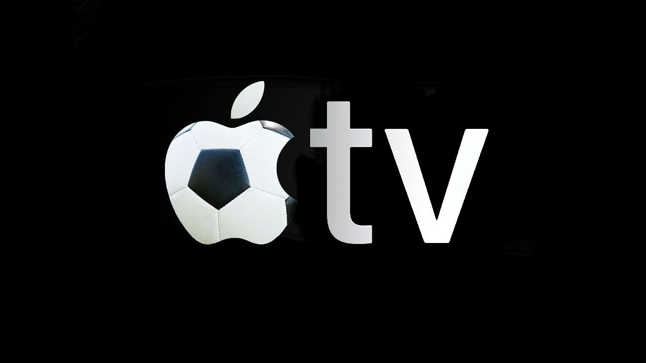Apple TV logo on black background, with the Apple icon styled like a white soccer ball next to lowercase letters t and v