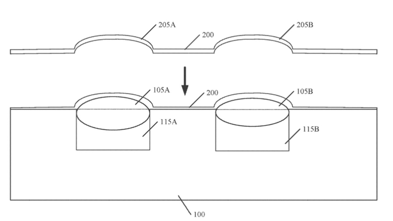Diagram showing a strip with two raised bumps being pressed downward into two cylindrical holes in a rectangular base, illustrating alignment and insertion of the raised sections into the cavities
