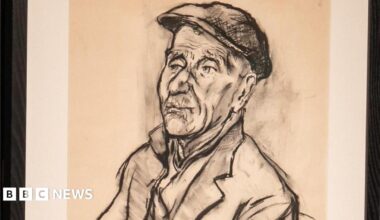 A charcoal drawing of an elderly man looking into the distance wearing a flat cap and a coat with a notched lapel.