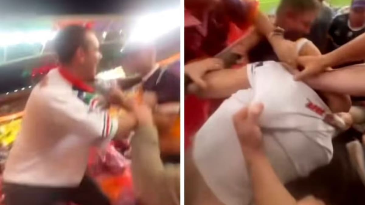 Warriors fan involved in brawl with Broncos fan in stands at NRL Magic Round