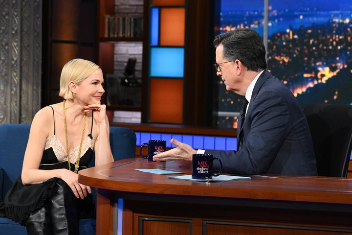 Colbert interviewing guest Michelle Williams in 2025 on “The Late Show.”