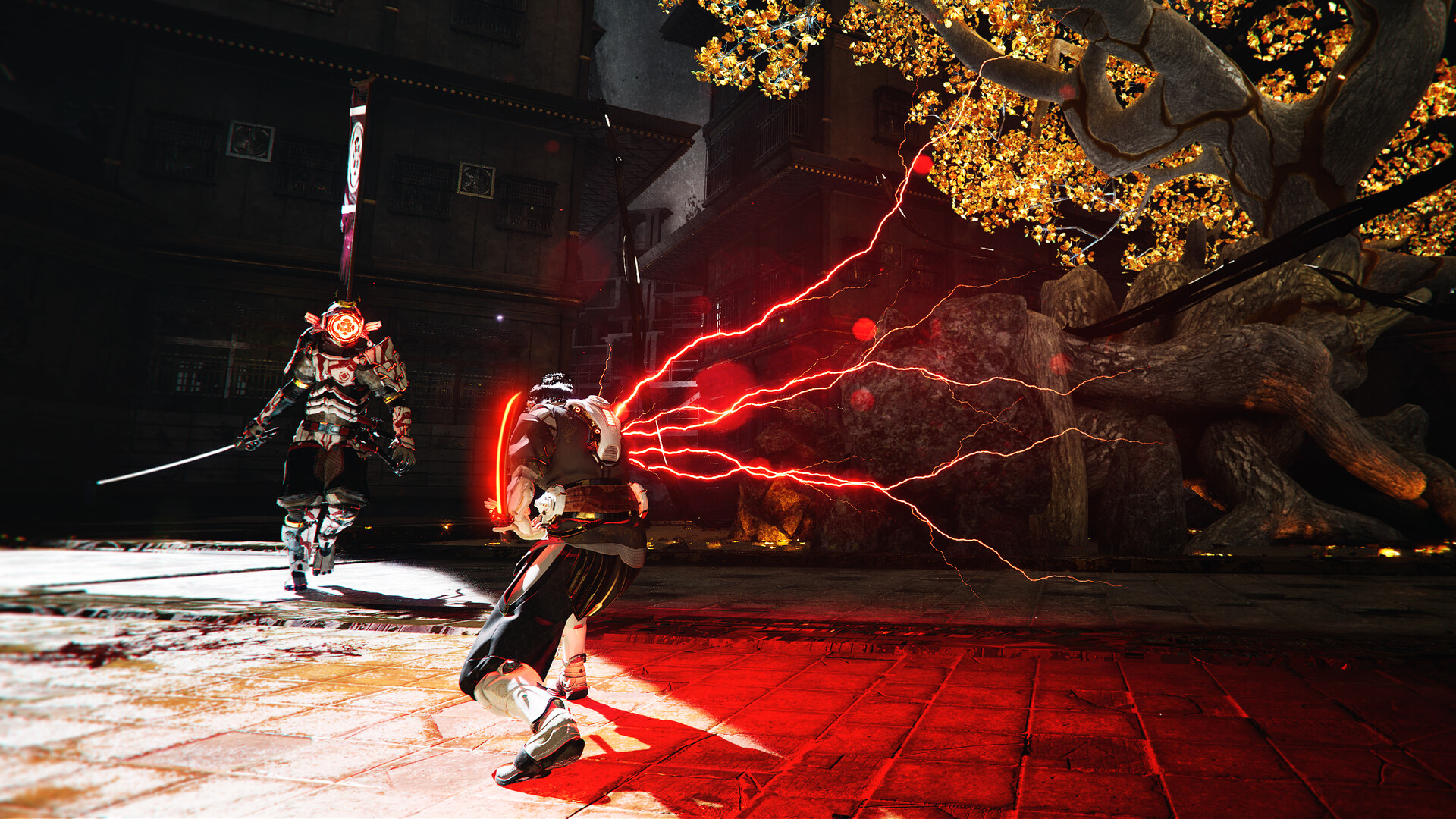 Screenshot from the sci-fi game SOL Shogunate, showing two futuristic warriors facing off in a dimly lit arena, one crouched with red energy streaming from their back, under a glowing, twisted tree.