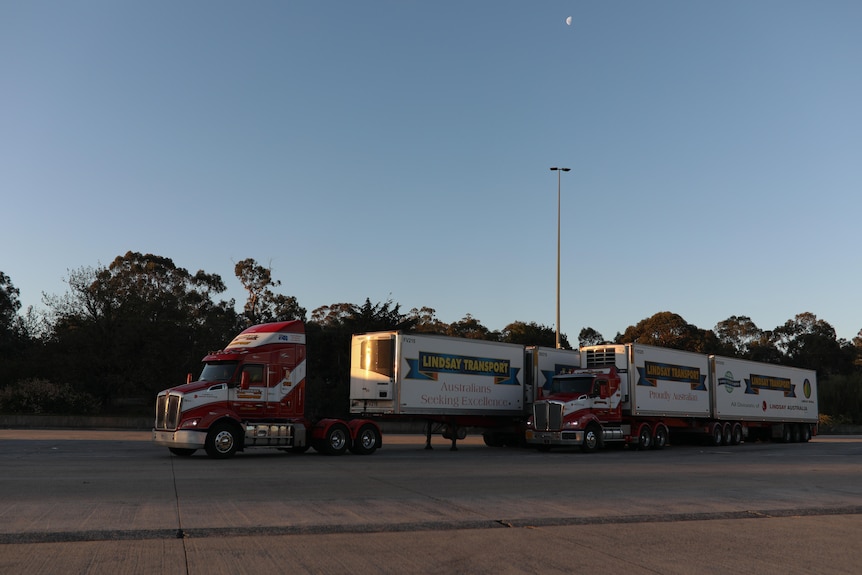 Two red and white trucks are parked in a truck changeover yard and bathed in afternoon light.