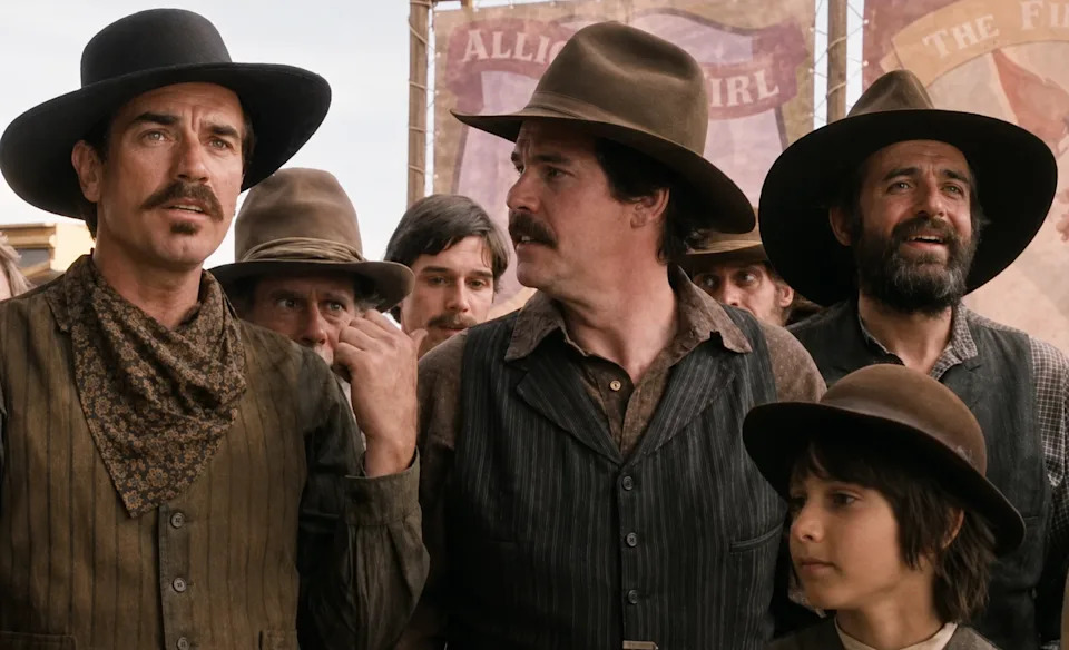A group of actors in vintage Western attire with hats gather at an outdoor setting, reminiscent of an Old West scene