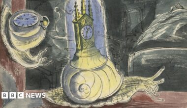 An illustration, showing a snail coloured mostly yellow, with a clock on its back. There is a snail, to the left, climbing a wall, also with a clock on its back. Other colours featured include red and blue.