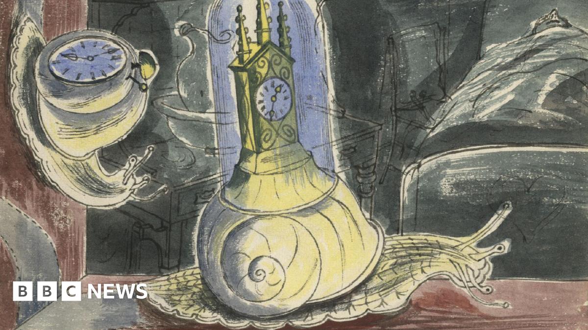 An illustration, showing a snail coloured mostly yellow, with a clock on its back. There is a snail, to the left, climbing a wall, also with a clock on its back. Other colours featured include red and blue.