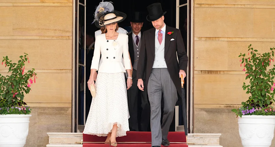 Princess Kate wearing a white blazer dress at a garden party