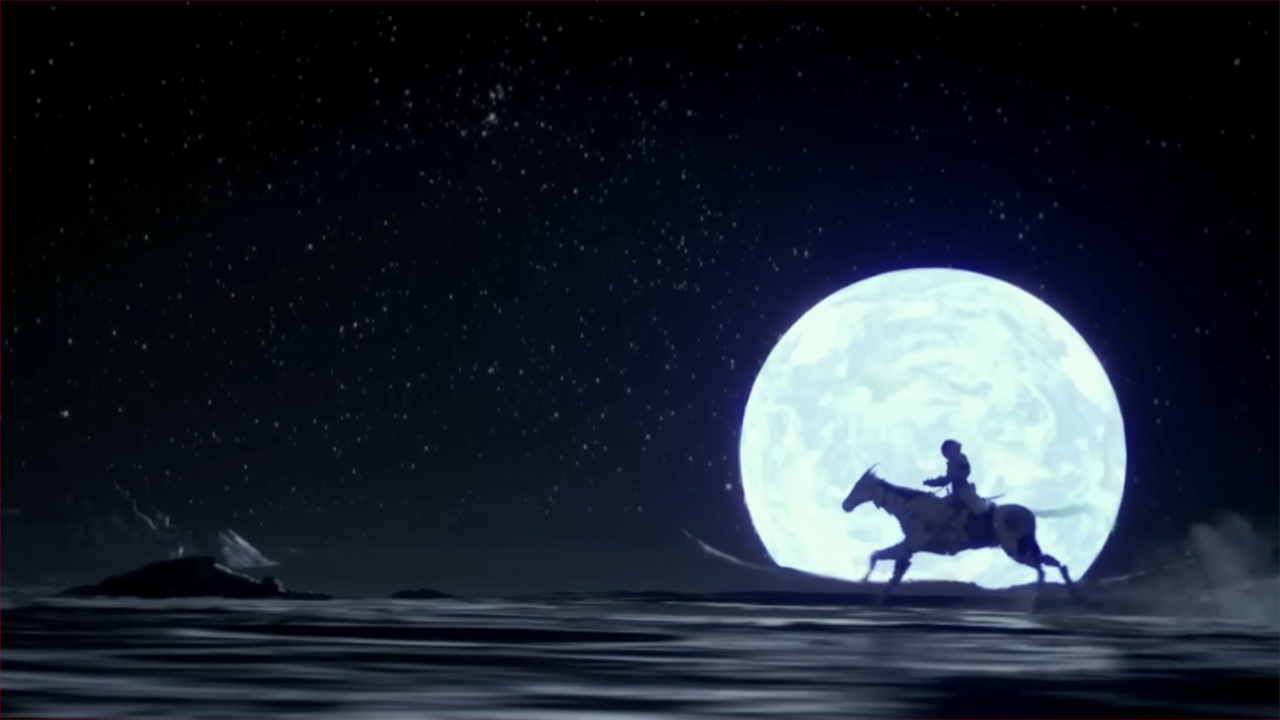 Screenshot from the sci-fi game SOL Shogunate, showing the silhouette of a person riding a horse against a vast night sky, with a large, bright full moon behind.