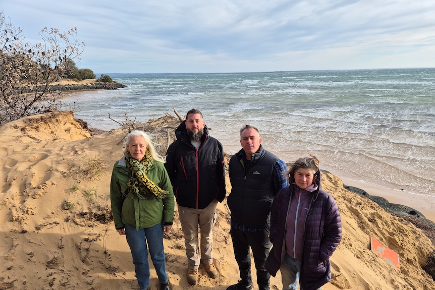 Four people dressed for cold weather stand on a sand dune above a beach at high tide.