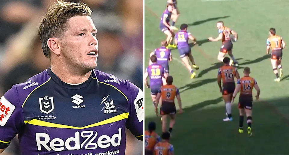 NRL fans questioned why Harry Grant (L) wasn't penalised for raising his forearm in a tackle similar to an incident that saw Tigers forward Alex Twal (R) placed on report. Pic: Getty/Fox League