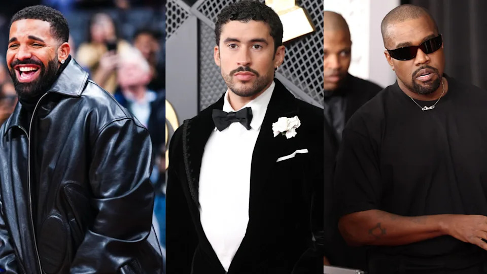 Drake in a leather jacket, Bad Bunny in a tuxedo, and Kanye West in sunglasses and a black shirt.