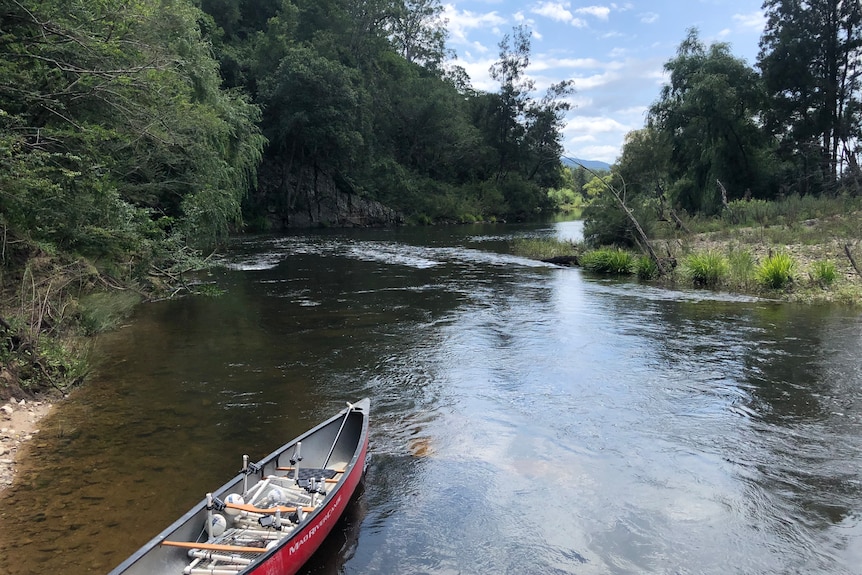 A canoe tied up in a narrow river system in a rural setting.