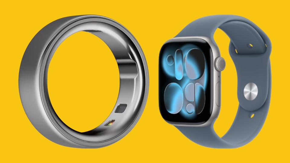 The Oura Ring 4 and Apple Watch Series 11 against a yellow background.