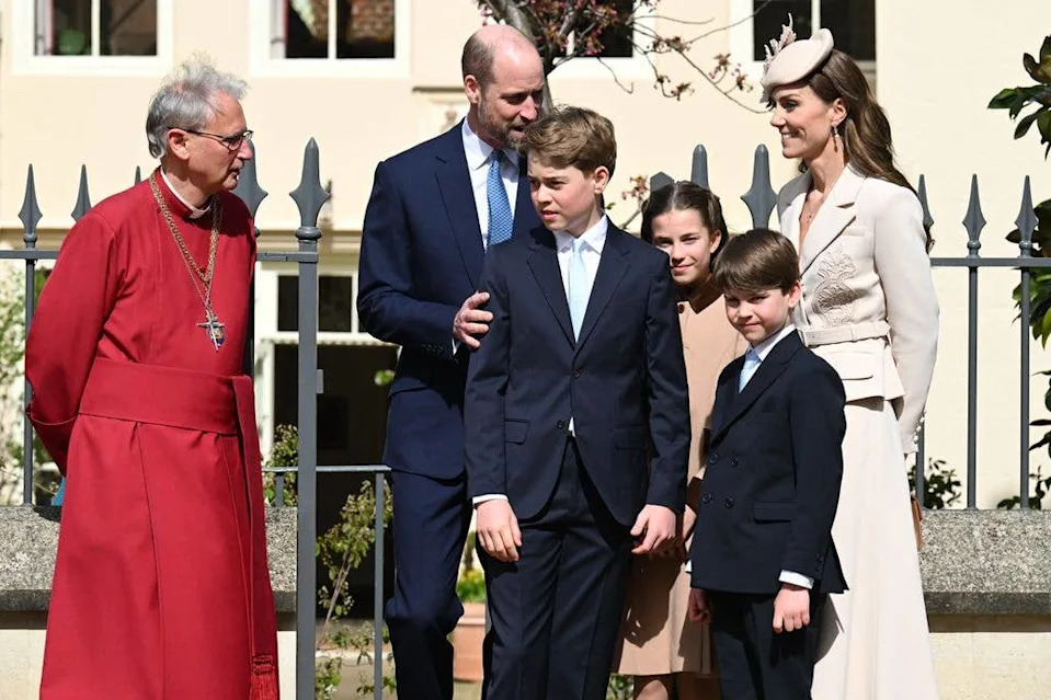 Prince William, Prince George, Princess Charlotte, Prince Louis and Kate Middleton depart after Easter