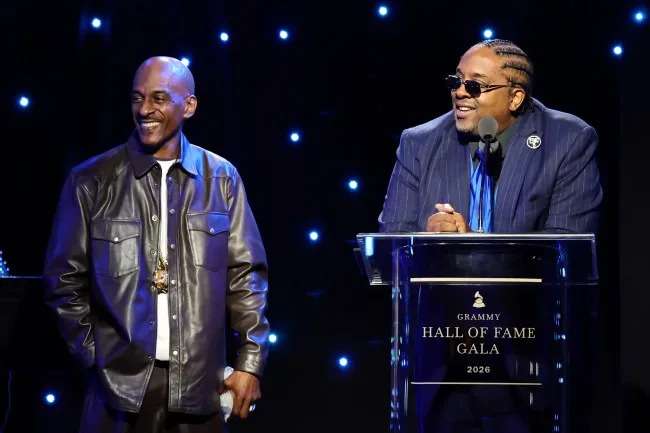 BEVERLY HILLS, CALIFORNIA - MAY 08: (L-R) Rakim and Eric B. of Eric B. & Rakim accept an award onstage during the GRAMMY Hall of Fame Gala 2026 at The Beverly Hilton on May 08, 2026 in Beverly Hills, California. (Photo by Emma McIntyre/Getty Images for The Recording Academy)
