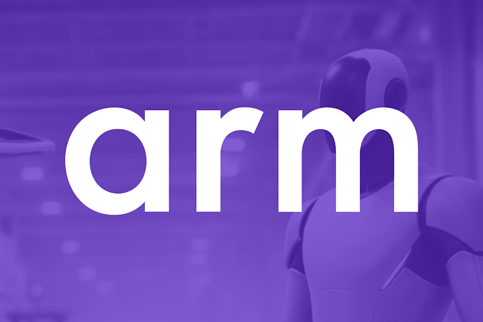 Arm Holdings company name written in white fonts on a purple background.