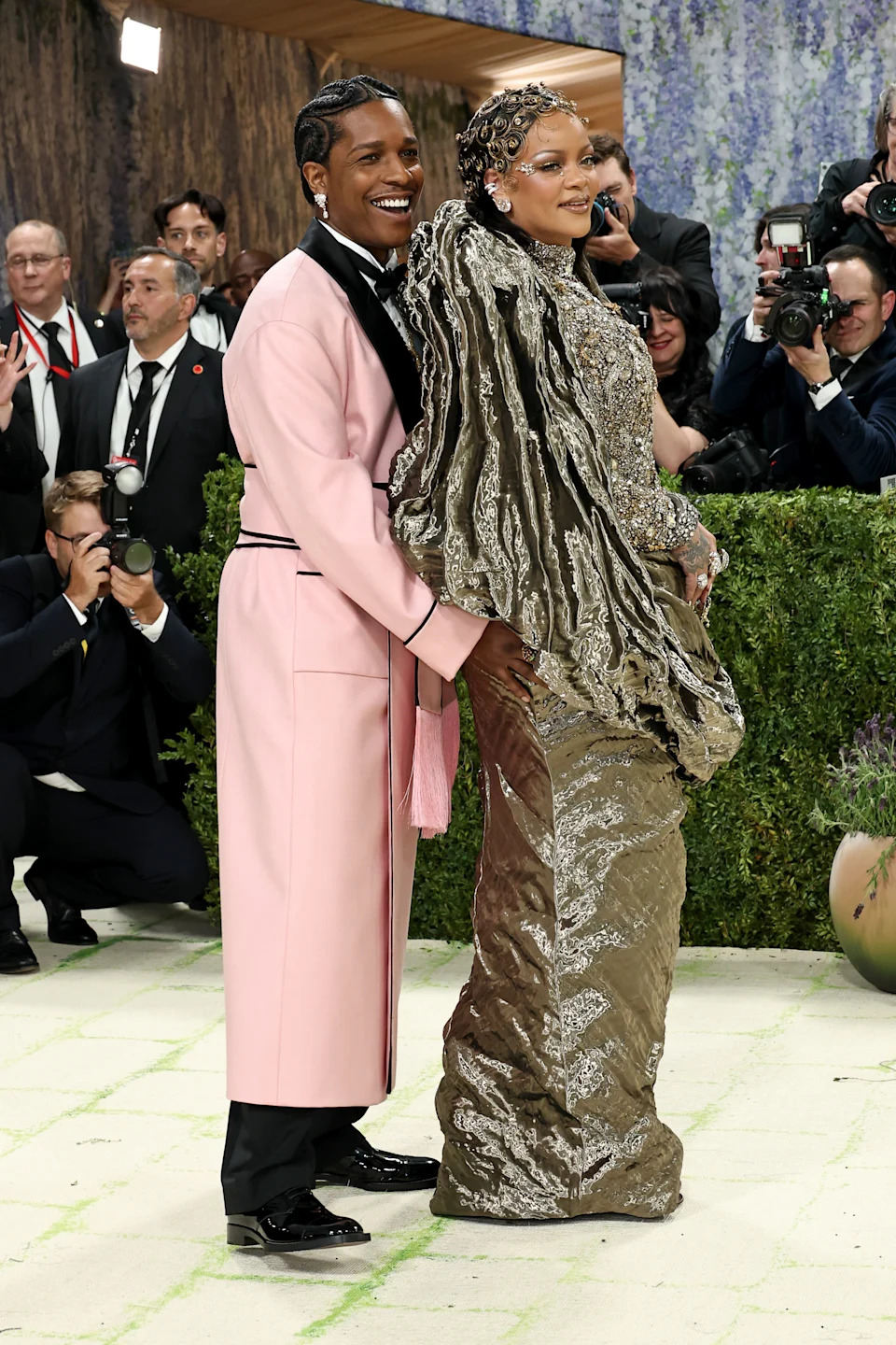 She wore a metallic Maison Margiela gown alongside A$AP Rocky in Chanel. Getty Images