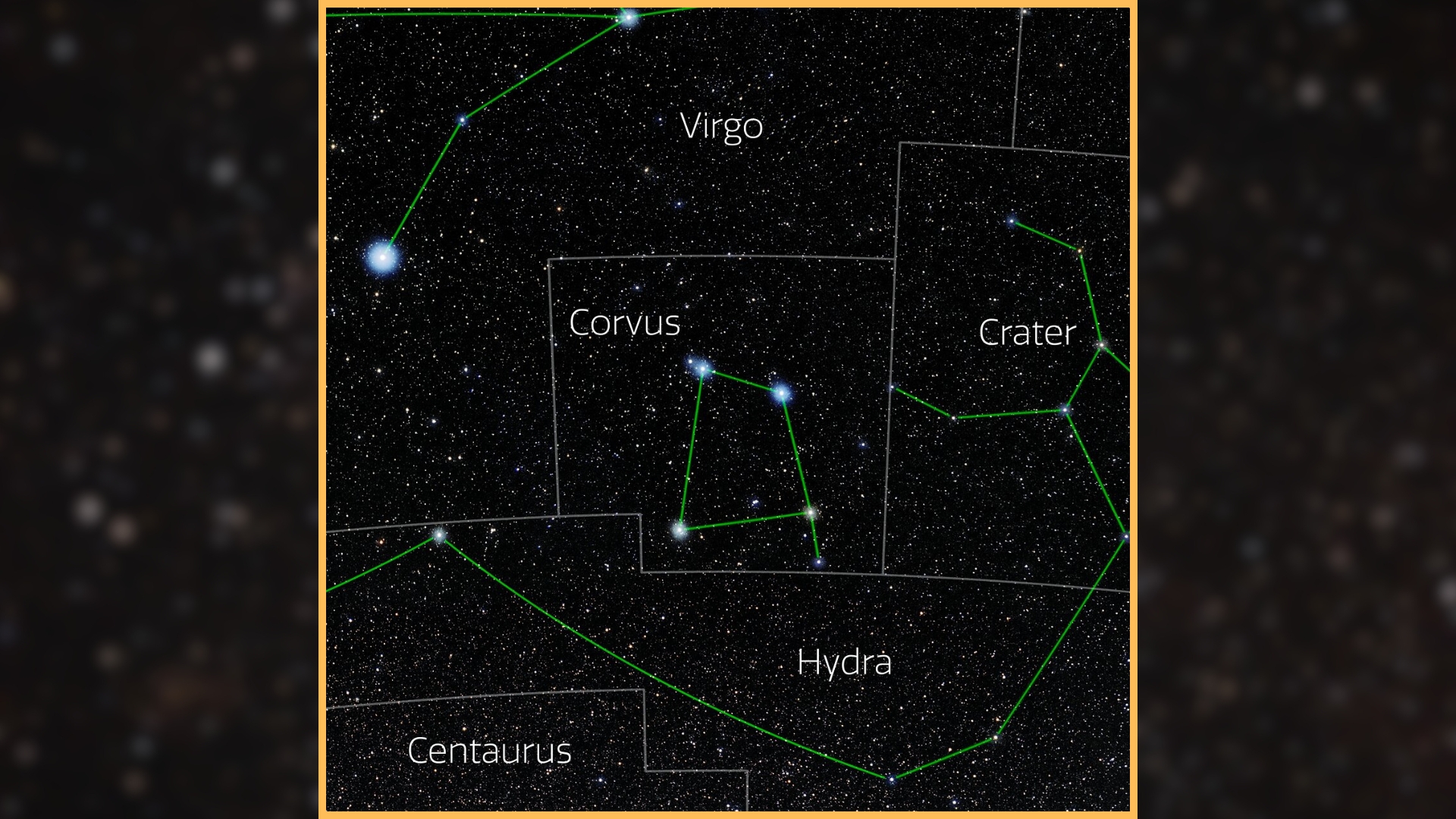 night sky map showing the constellation Corvus shining below Virgo and above Hydra.