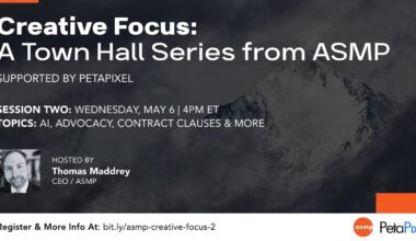Promotional graphic for "Creative Focus: A Town Hall Series from ASMP," supported by Petapixel. Session Two on May 6 at 4PM ET covers AI, advocacy, contract clauses, and more, hosted by Thomas Maddrey, CEO of ASMP.