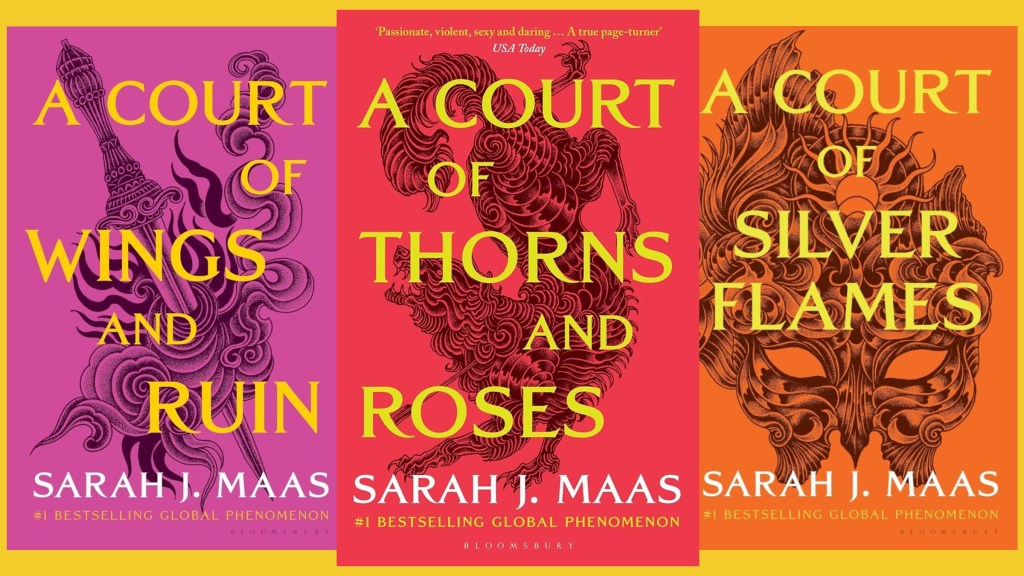 The covers of A Court of Wings and Ruin, A Court of Thorns and Roses, and A Court of Silver Flames against a yellow background