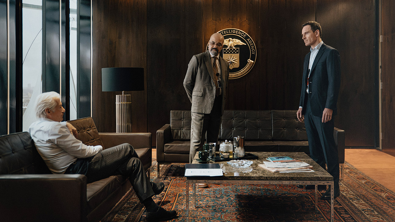 L-R Richard Gere as Bosko, Jeffrey Wright as Henry and Michael Fassbender as Martian in The Agency, episode 6, season 2