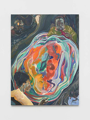 Abstract painting with vibrant swirling colors and two people, one at the top and one at the bottom, interacting with the swirls.