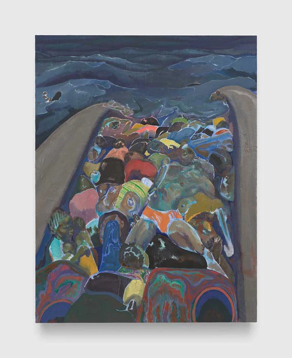 Painting of a crowded boat with people in vibrant colors against a dark, turbulent sea background.