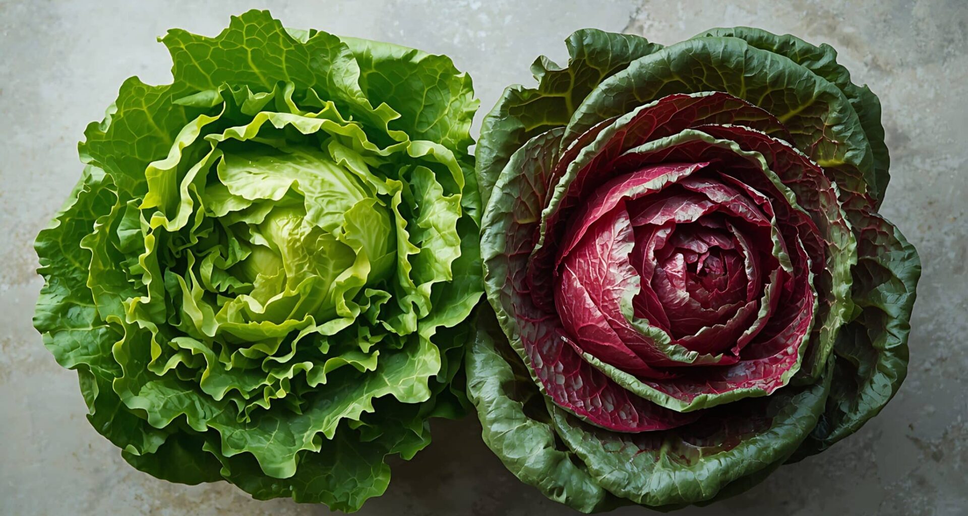 Vibrant green lettuce and deep red cabbage heads displayed side by side on a textured surface