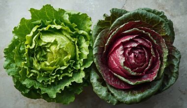 Vibrant green lettuce and deep red cabbage heads displayed side by side on a textured surface