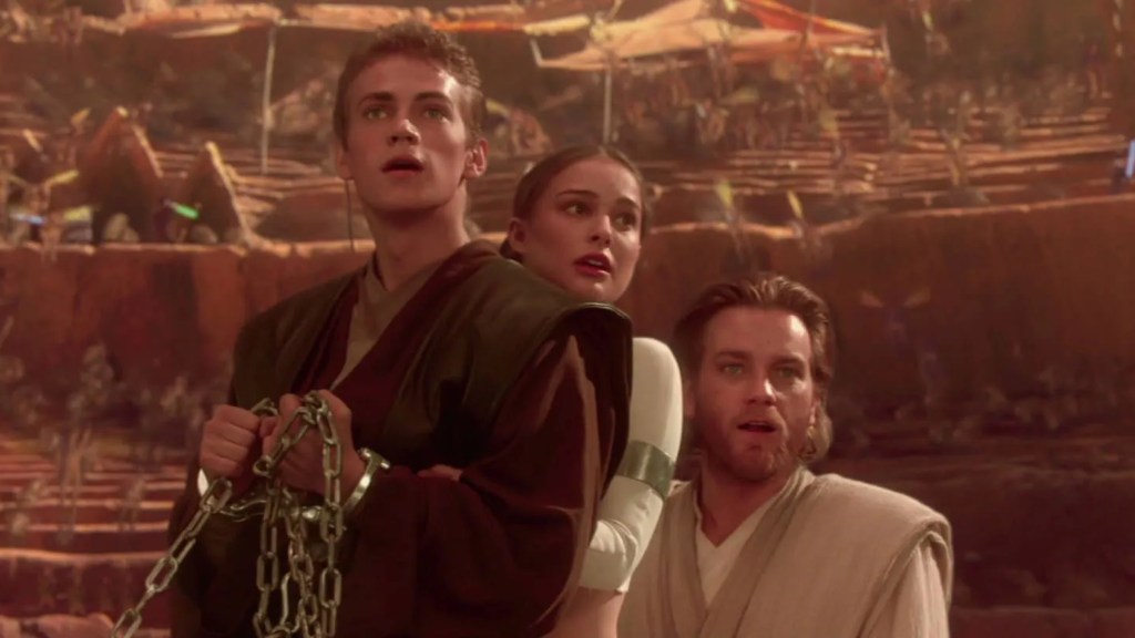 Anakin, Padme, and Obi-Wan in Geonosis arena in Attack of the Clones
