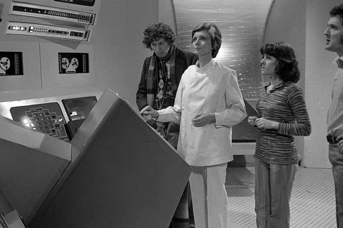 Tom Baker, Wendy Williams, Elisabeth Sladen and Ian Marter. Photographed by Don Smith at BBC TV Centre, TC1, on 12 November 1974 Tom Baker, Wendy Williams, Elisabeth Sladen and Ian Marter. Photographed by Don Smith at BBC TV Centre, TC1, on 12 November 1974