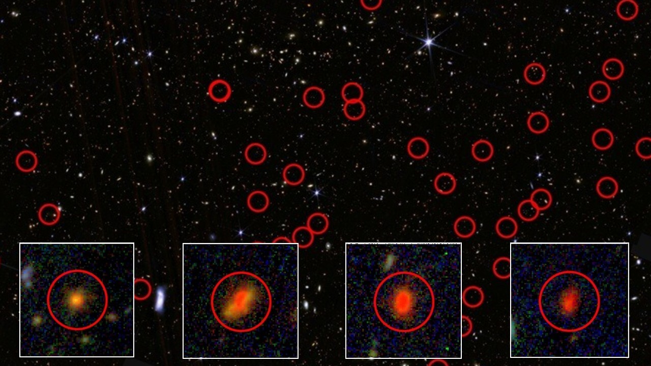 Series of red bubble looking spheres over a dark, starry background with four white cutout squares in front enlarging four of the bubbles to show glowing balls of red light in each of the bubbles.