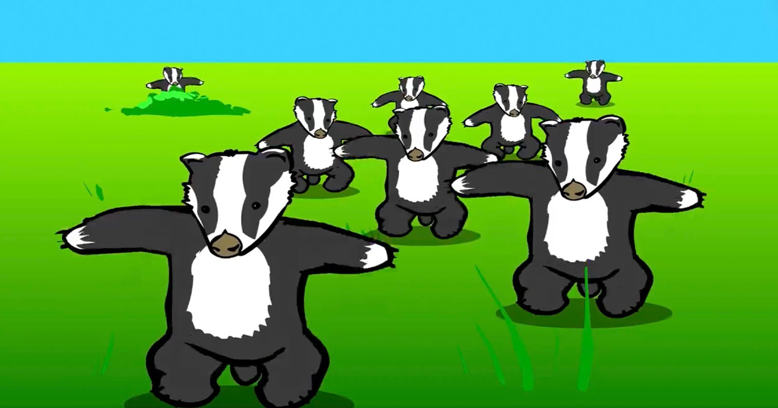 Cartoon illustration of several black and white badgers standing upright with their arms out, spread across a bright green field under a blue sky.