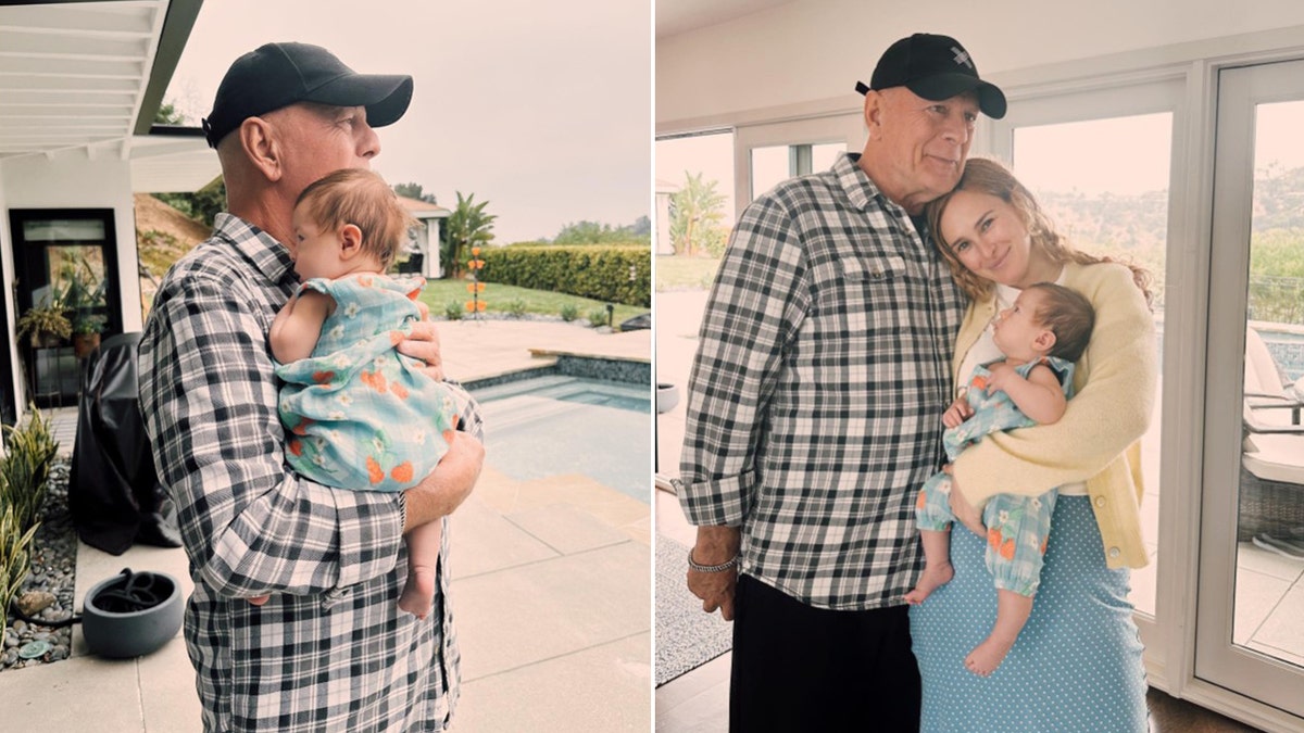 Bruce Willis holding his granddaughter Louetta and posing with Rumer Willis and Louetta